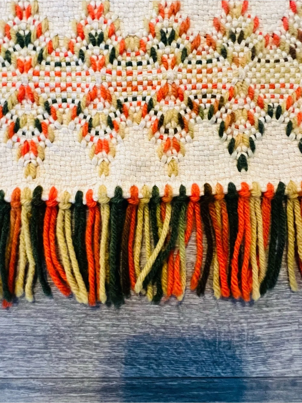 70s Embroidered Chevron Throw  Green, Orange, Gold Fringe Sofa Hanging Vintage